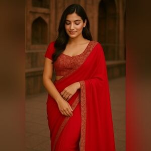 Women Gorgette Saree Party Wear Red (Stitched blouse)
